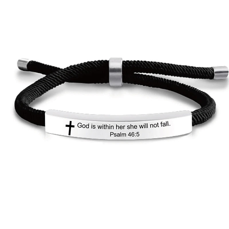 Black scripture quote bracelet with the text God is within her she will not fall Psalm 46:5