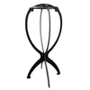 Soporte plegable portátil de peluca negra con marco circular y base de trípode.
