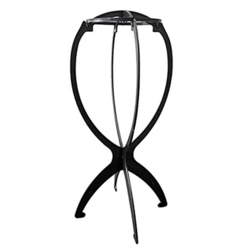 Soporte plegable portátil de peluca negra con marco circular y base de trípode.