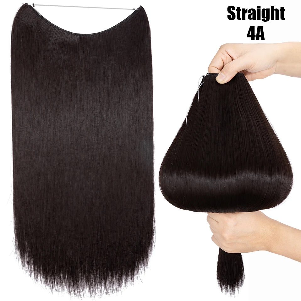 A straight, black 4A hair extension is shown being held by a hand.