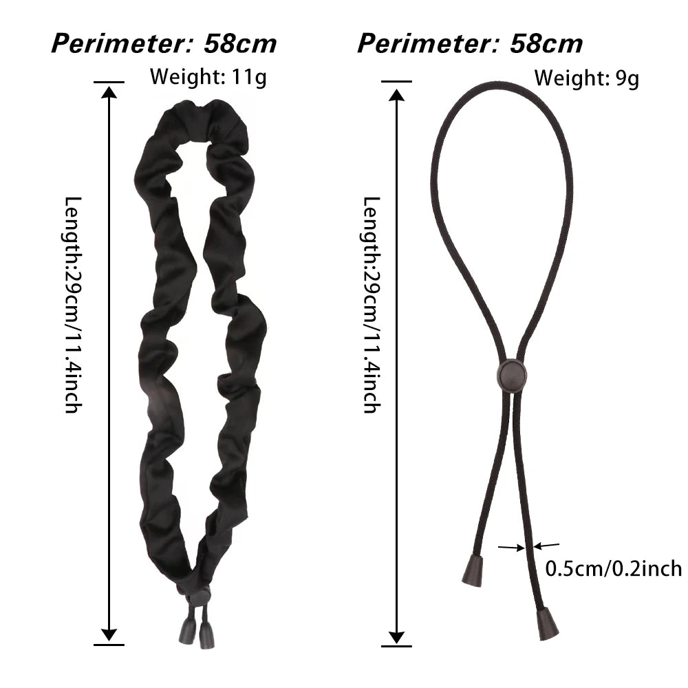 A pair of black satin scrunchies are shown with measurements and a separate length display.