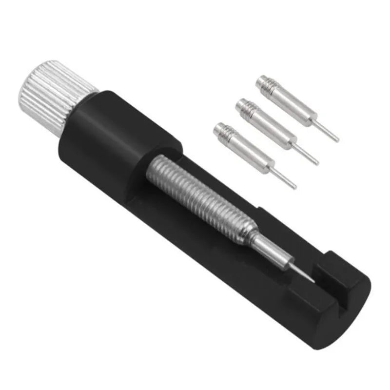 A black precision metal watch strap adjuster tool with a silver threaded tip.