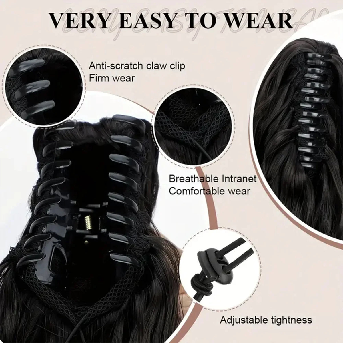 Gros plan sur des extensions de cheveux noires avec pinces anti-rayures et réglage de la tension pour le port