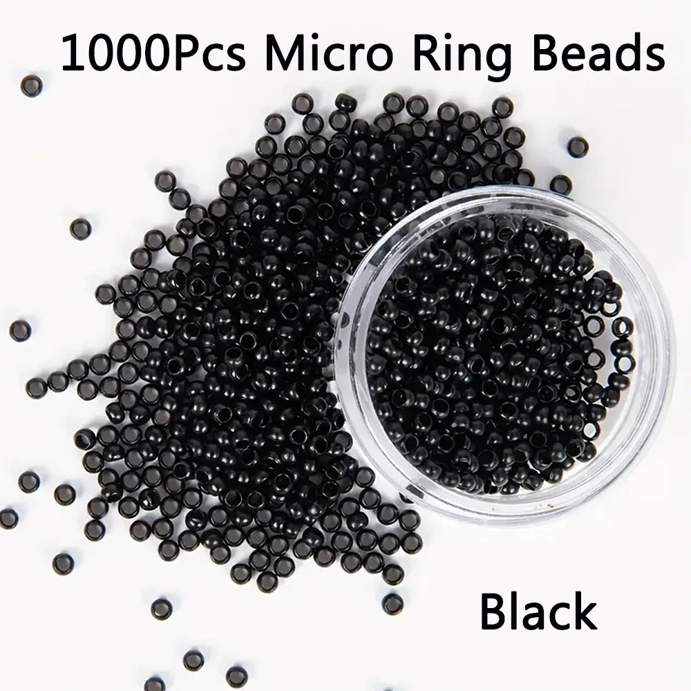 A pile of 1000 pieces of black micro ring beads in a clear container.
