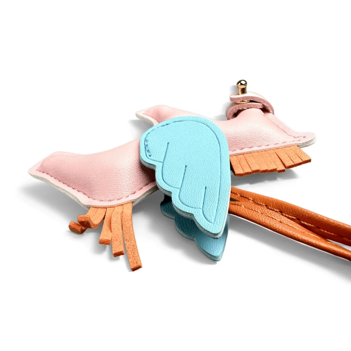 A pink and blue elegant winged pony keychain featuring fabric wings and leather straps.