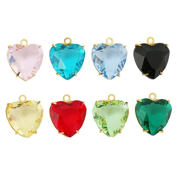 Five heart-shaped crystal pendants in various colors including pink, blue, clear, black, red, and green.