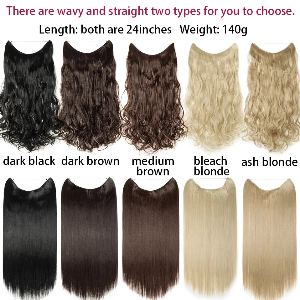 A selection of wavy and straight hair extensions in various shades including black, brown, blonde, and ash blonde.