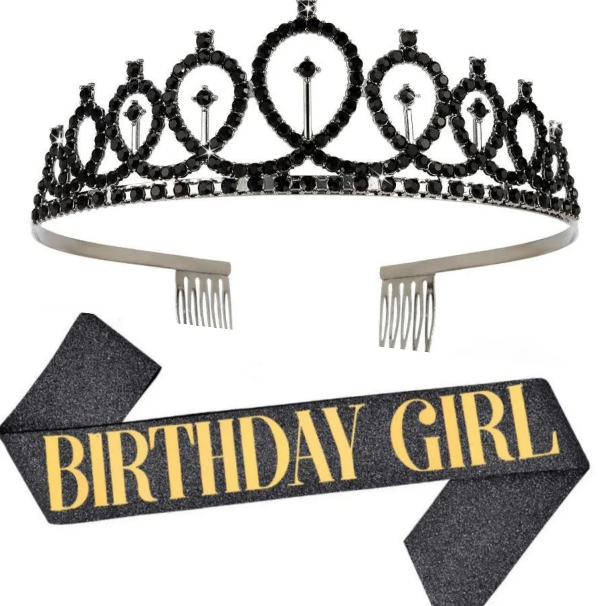 Elegant black rhinestone tiara crown with a satin birthday girl sash