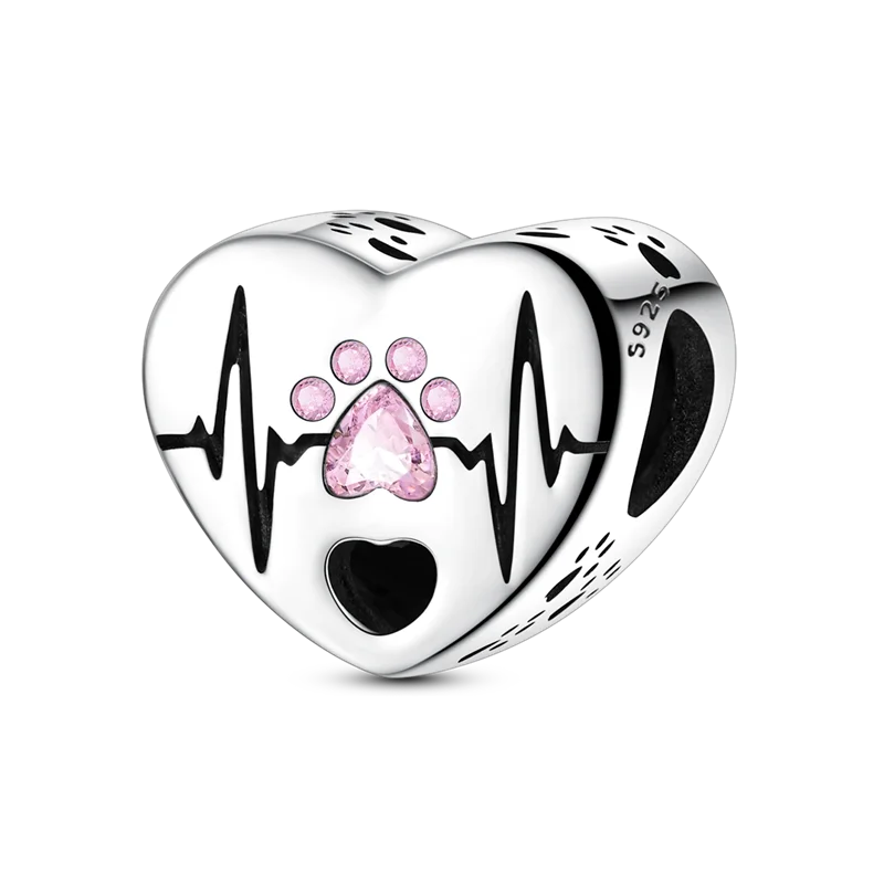 A sterling silver heart-shaped charm featuring a pink paw print and a small black heart.