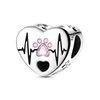 A sterling silver heart-shaped charm featuring a pink paw print and a small black heart.