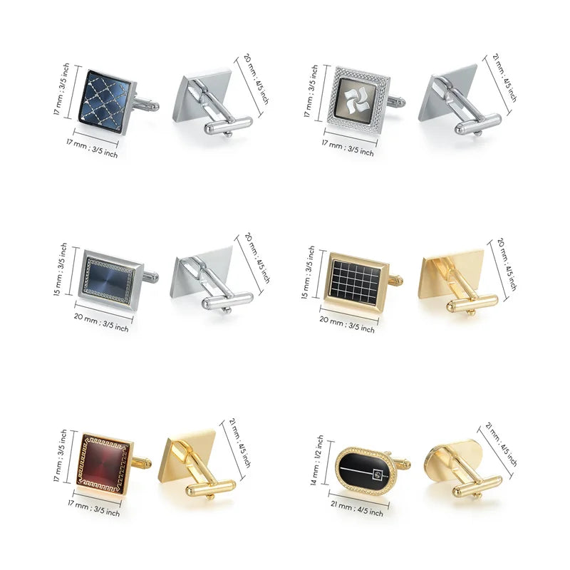A collection of elegant copper cufflinks for men shown in various angles and sizes.