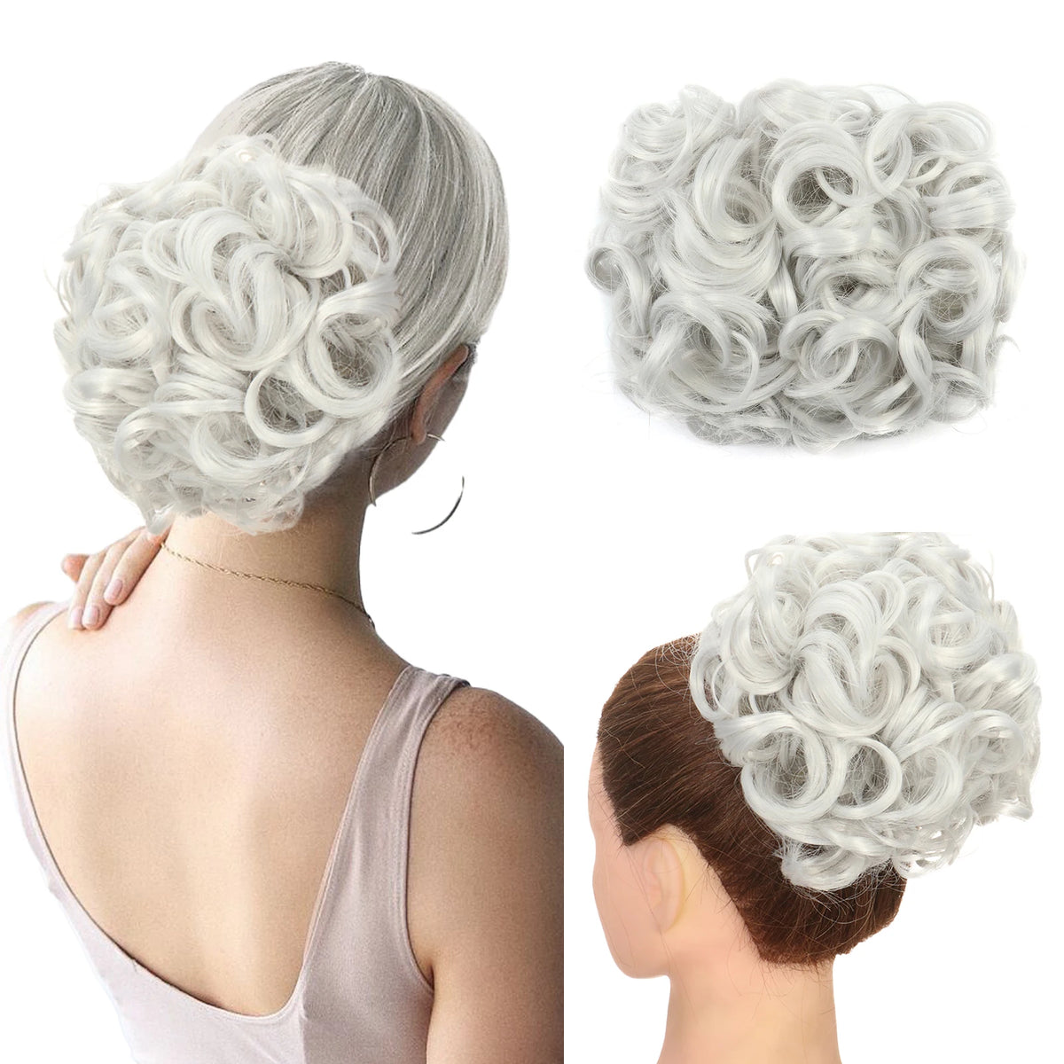 A woman shows off a light gray synthetic curly chignon hairstyle, including a close-up of the hairpiece.