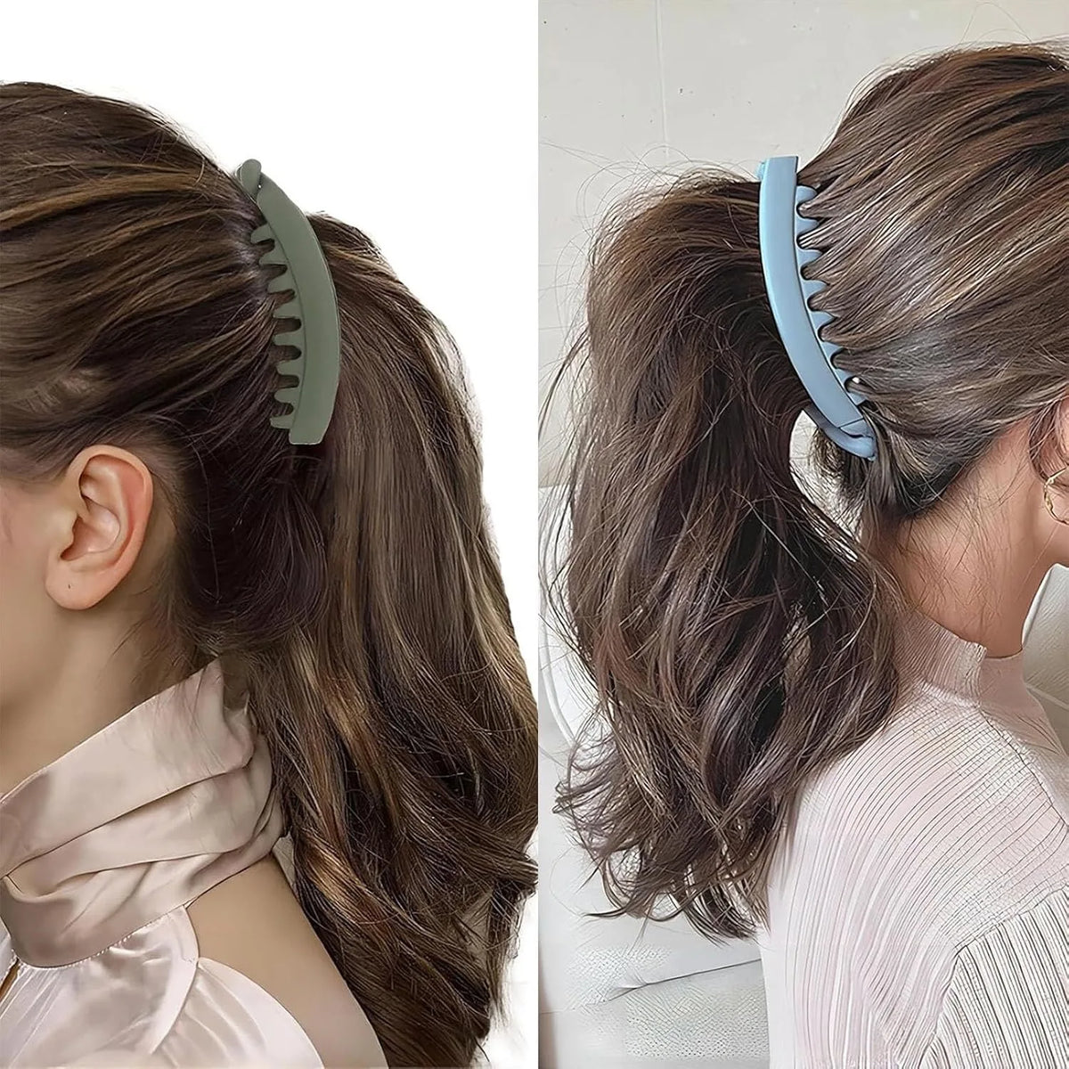 A woman's hair is styled in a ponytail using large, curved banana-shaped clips for a professional look.