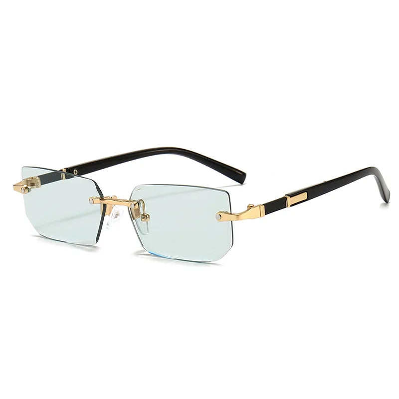 Rimless rectangle sunglasses with gold accents and black frames