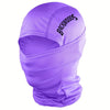 Purple breathable windproof balaclava hat with the word BACKWOODS printed on the forehead
