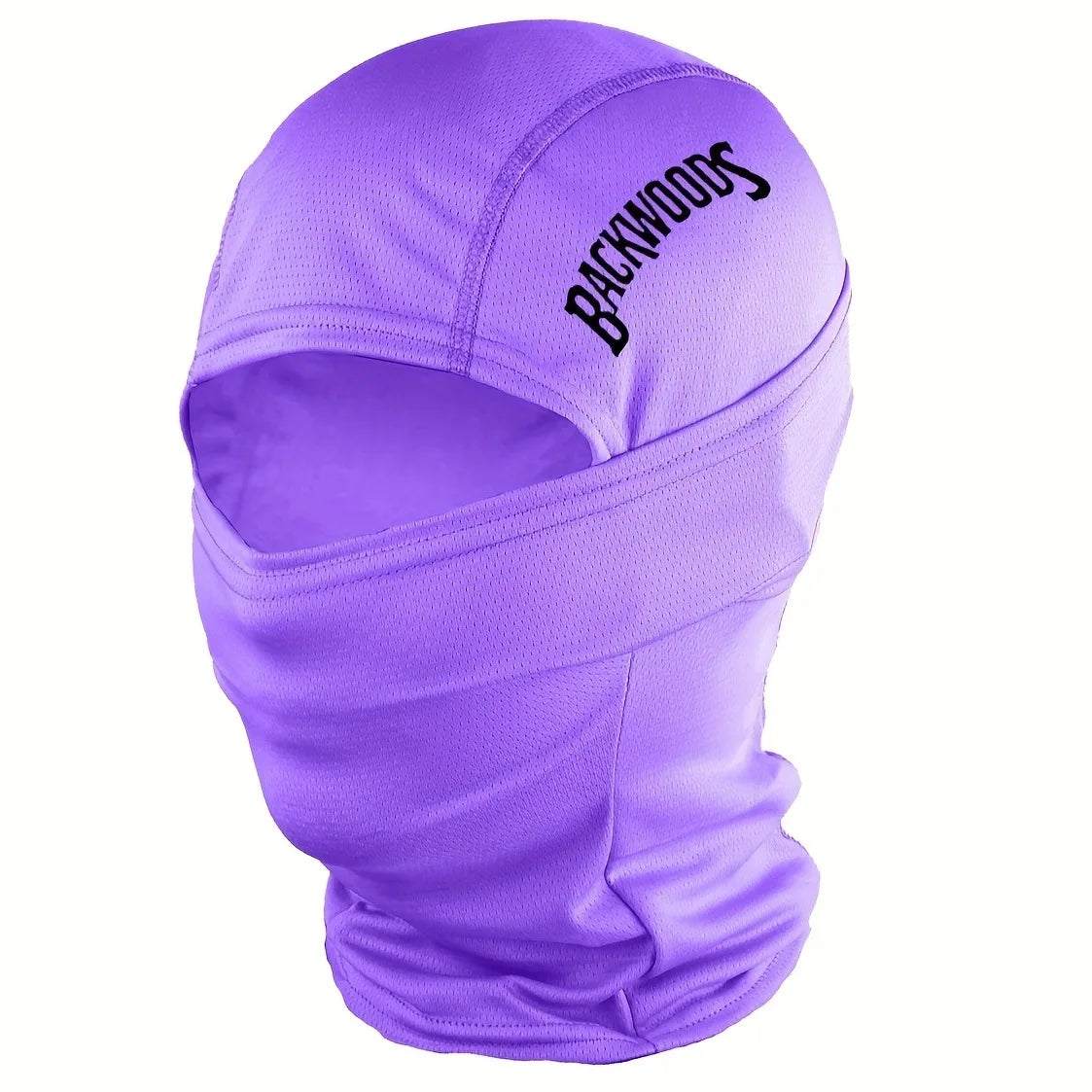 Purple breathable windproof balaclava hat with the word BACKWOODS printed on the forehead