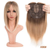 A model shows a straight blonde hair topper with bangs being placed onto her head for volume and coverage.