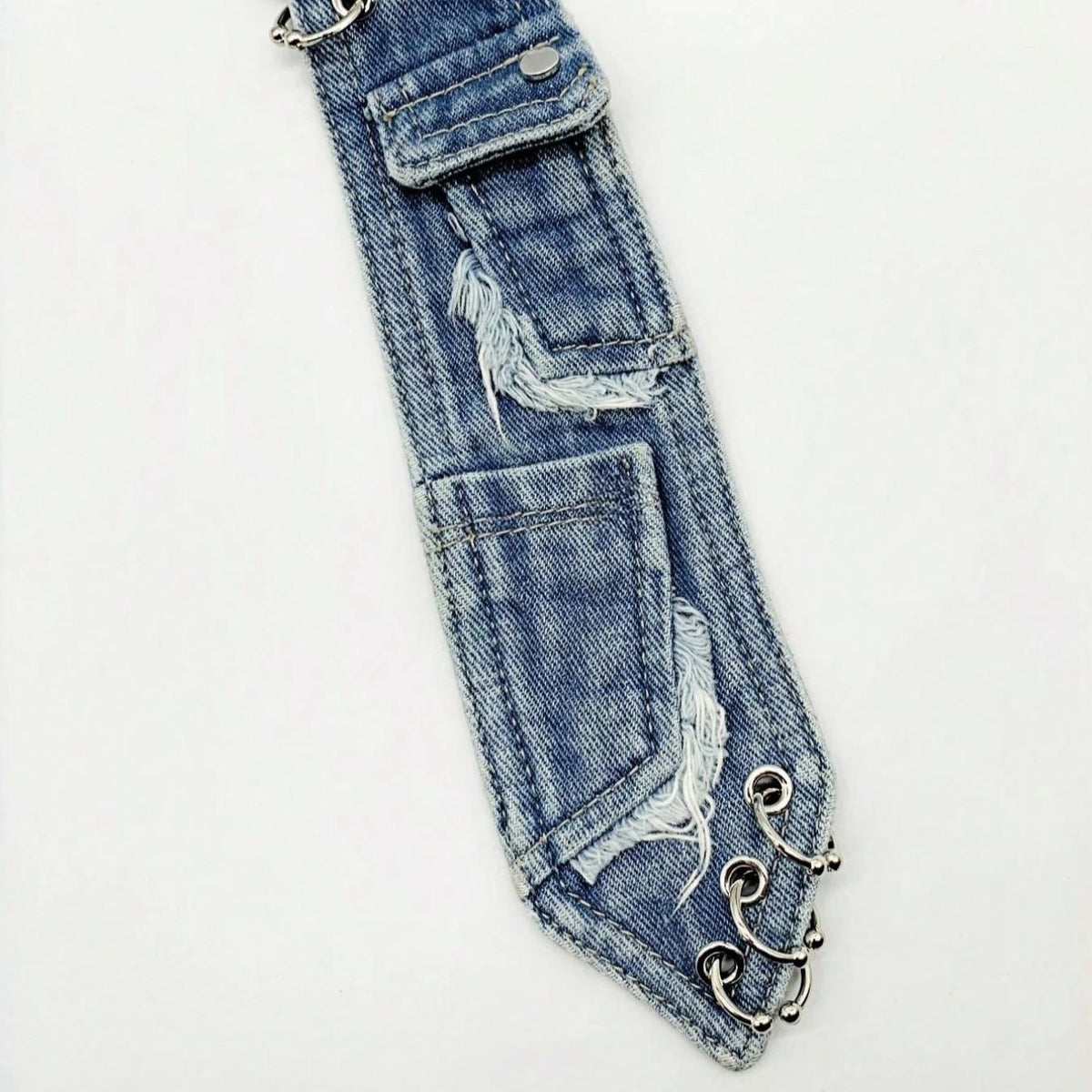 Y2K Distressed Denim Neck Tie with Press Buckle