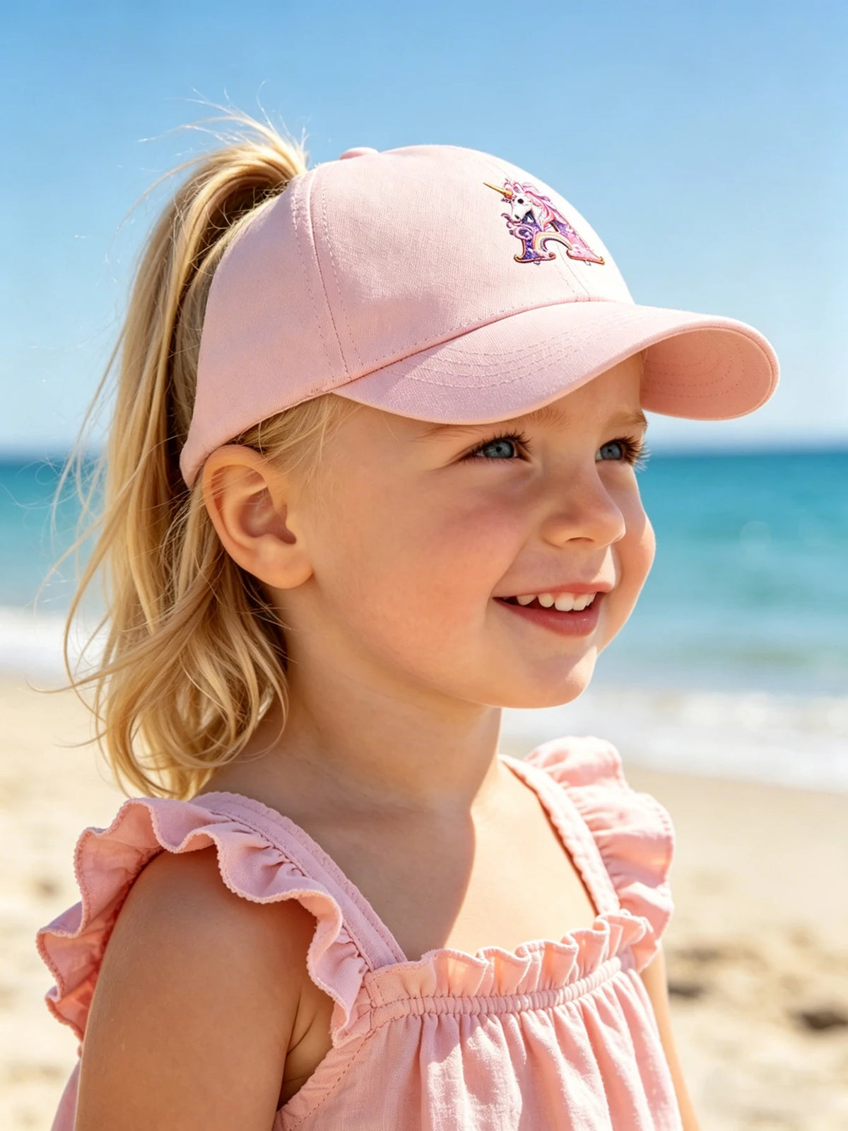 A smiling blonde girl wearing a pink unicorn baseball cap outdoors near the ocean.