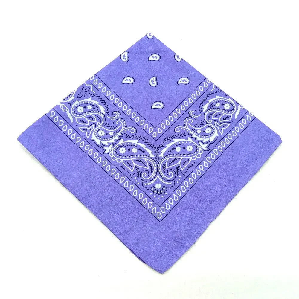 Purple bandana featuring white paisley and geometric patterns