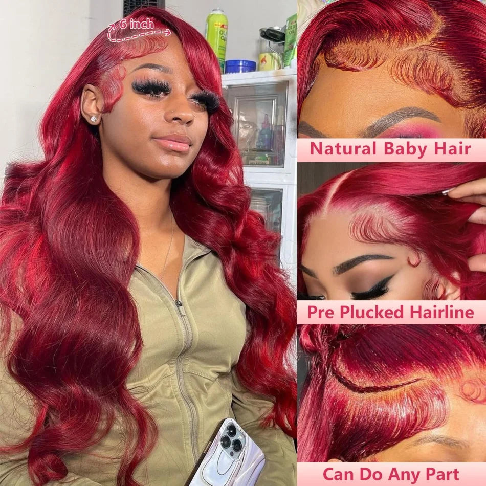 Close-up of a woman with long red hair showcasing various styles including natural baby hair and pre plucked hairline