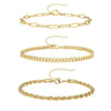 A set of three gold-toned waterproof stainless steel anklets for women displayed against a white background.