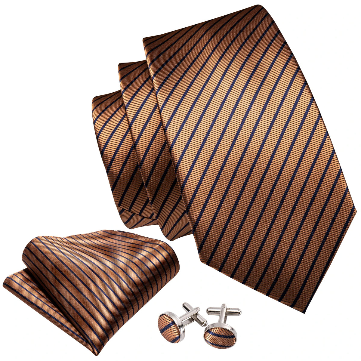 A set of men's silk jacquard ties featuring brown and navy blue diagonal stripes.