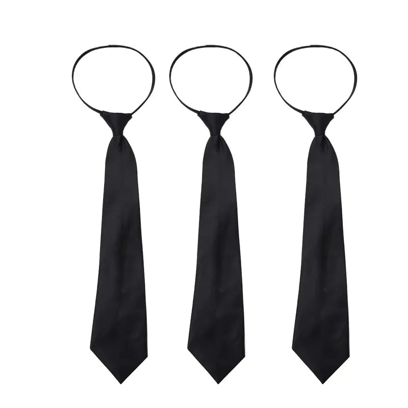 A black clip-on security tie displayed against a white background.