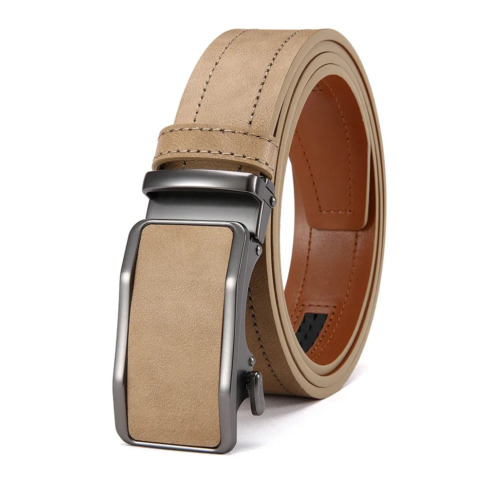 A tan leather belt with a silver automatic buckle shown from the side.