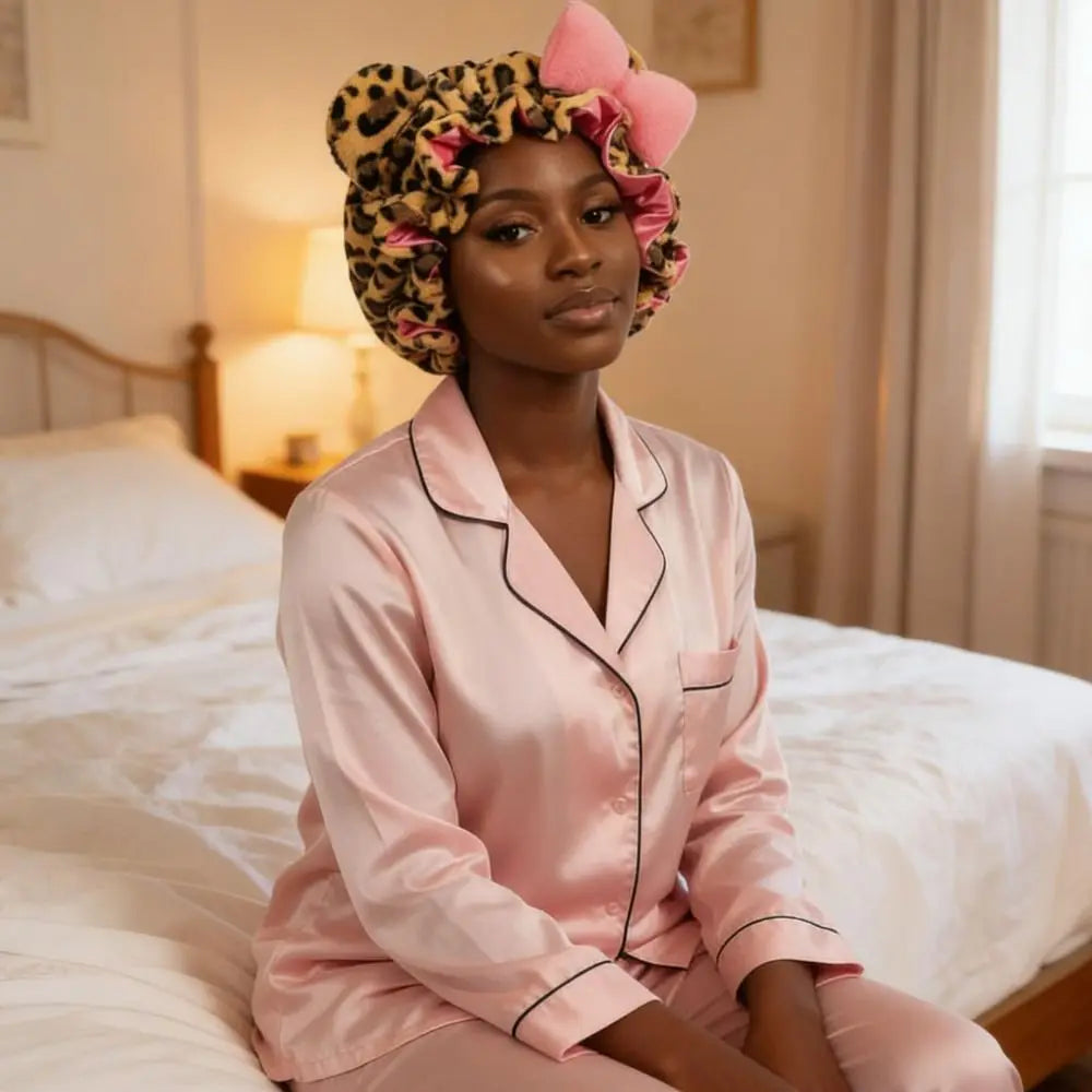 A woman wearing a pink satin shirt and a leopard print hair drying cap is sitting on a bed.