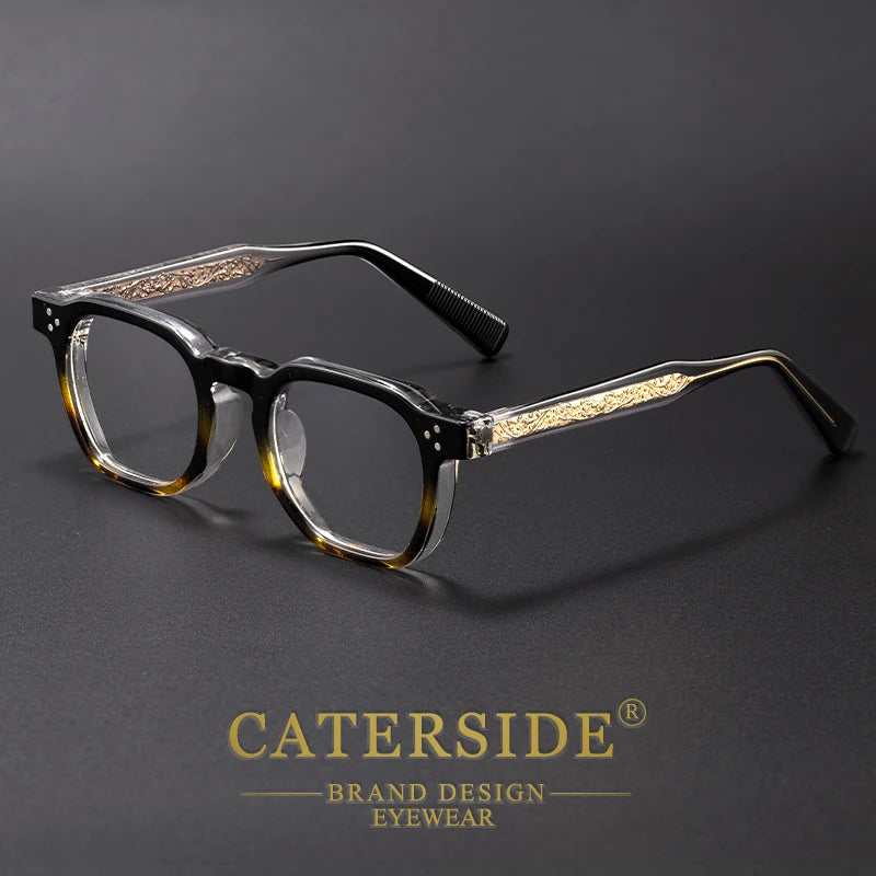 A pair of tortoiseshell retro square anti-blue light eyeglasses resting on a dark surface.