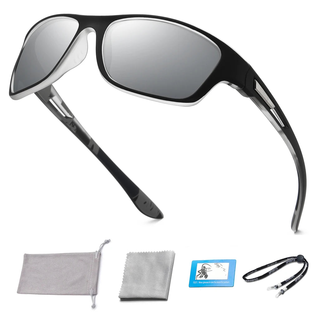 A pair of black polarized outdoor sunglasses with a flexible arm and a gray microfiber cleaning cloth.