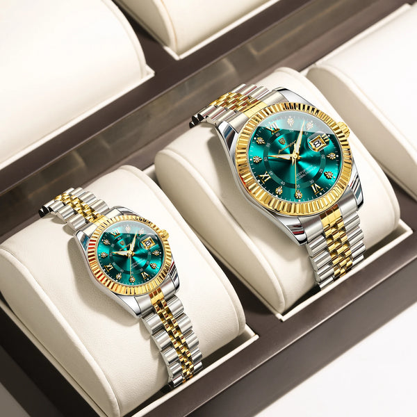 A pair of matching couple watches set featuring silver and gold accents with luminous hands and date display displayed in a l