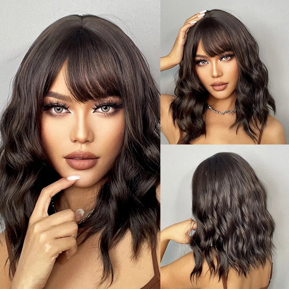 A close-up photo of a woman modeling a short wavy bob wig in dark brown hair