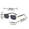Rimless rectangle sunglasses in dark blue and gold frame with measurements shown.