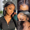Close-up of a model showcasing a sleek black bob wig with natural hair texture and a side view detail.