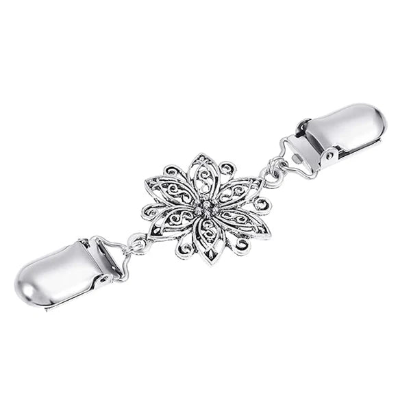 Silver vintage flower sweater clips with decorative floral design