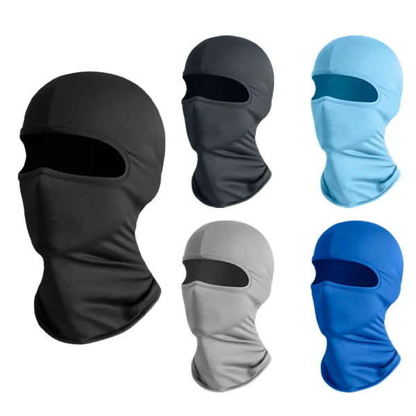 Four versions of a breathable ice silk scarf or mask in black, gray, and blue colors shown from the side.