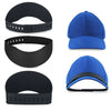 Black and blue reusable hat brim bender bands shown in various sizes and angles