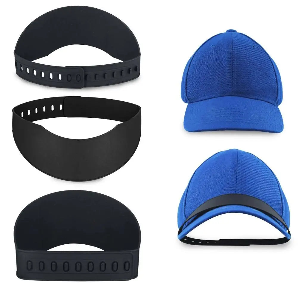 Black and blue reusable hat brim bender bands shown in various sizes and angles