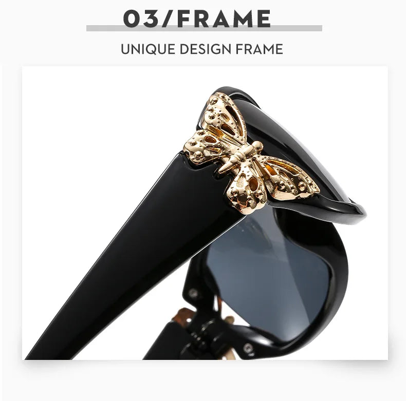 Schwarze Wrap-Around-Sonnenbrille mit goldfarbener Schmetterlingsverzierung
