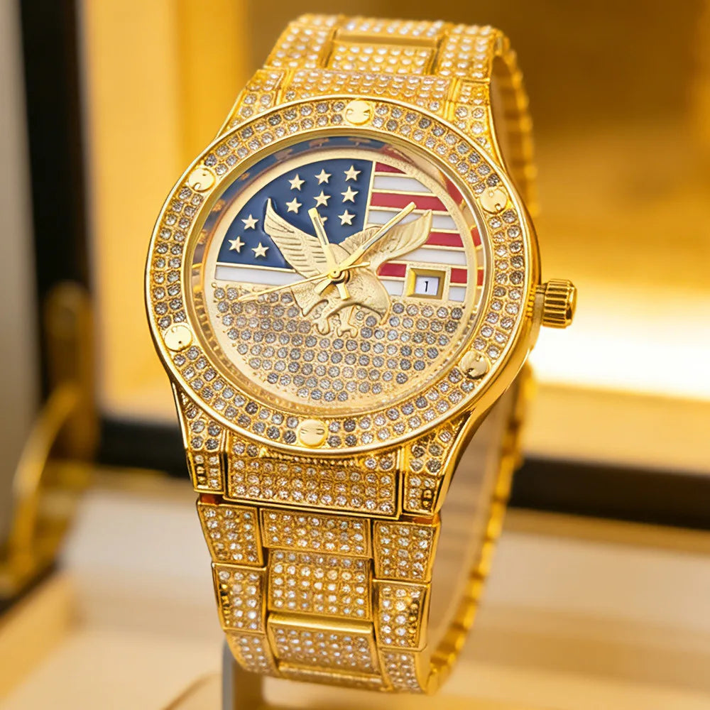 A gold luxury quartz wristwatch featuring a patriotic design with an eagle and stars on the face.