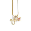 A gold-toned alphabet flower pendant necklace with a delicate chain and pink gemstone accents.