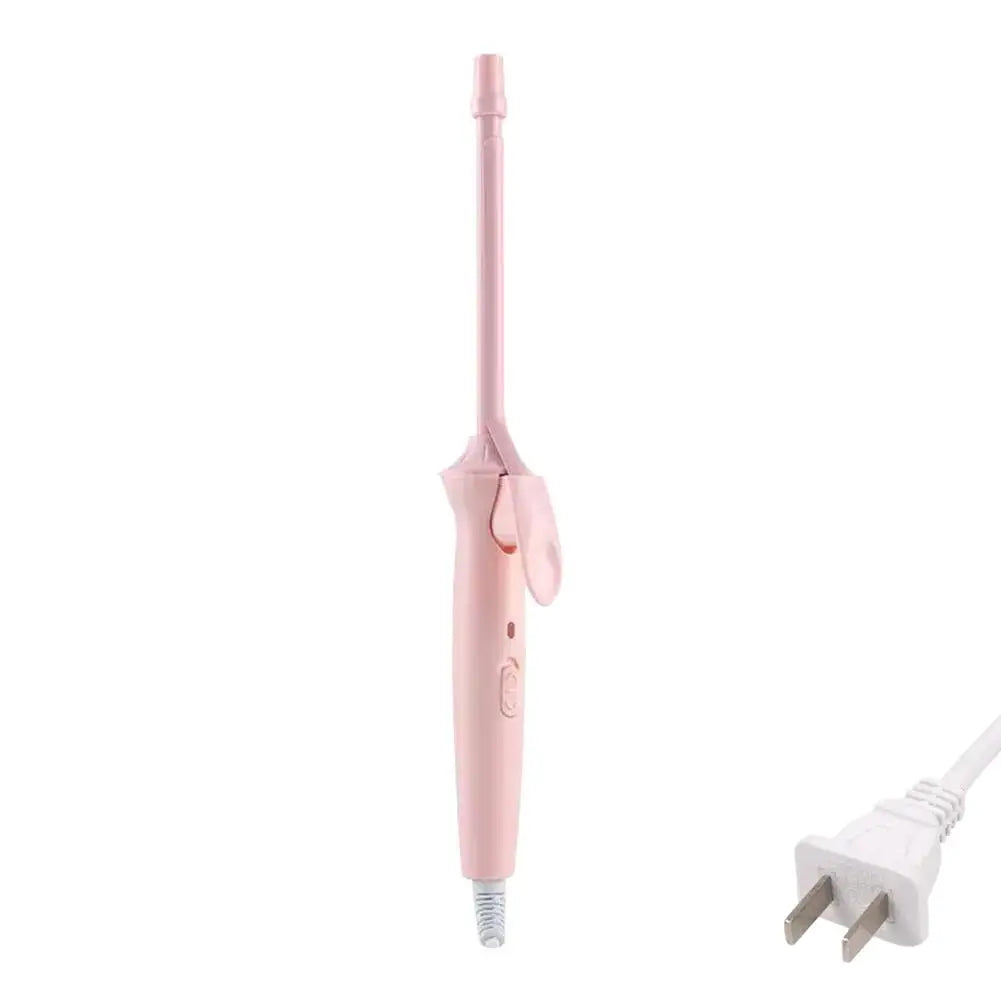 A pink mini 9mm ceramic curling iron with a wire attached.
