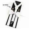 A set of black and white suspenders with a white bow tie displayed on a white background.