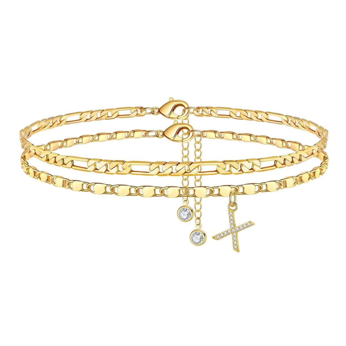 Gold plated initial letter anklets featuring a chain and a cross charm
