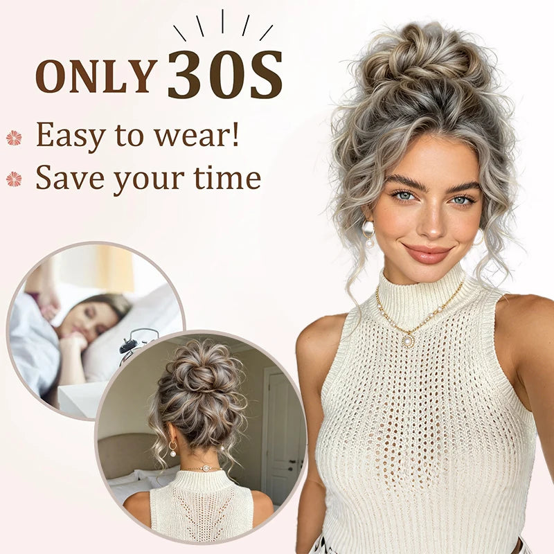 A woman models a cream-colored knit turtleneck top and shows off her hairstyle, which is styled in a voluminous curly messy b