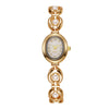 Elegante Perlmutt-Quarz-Armbanduhr in Goldton mit rundem Zifferblatt und Gehäuse.