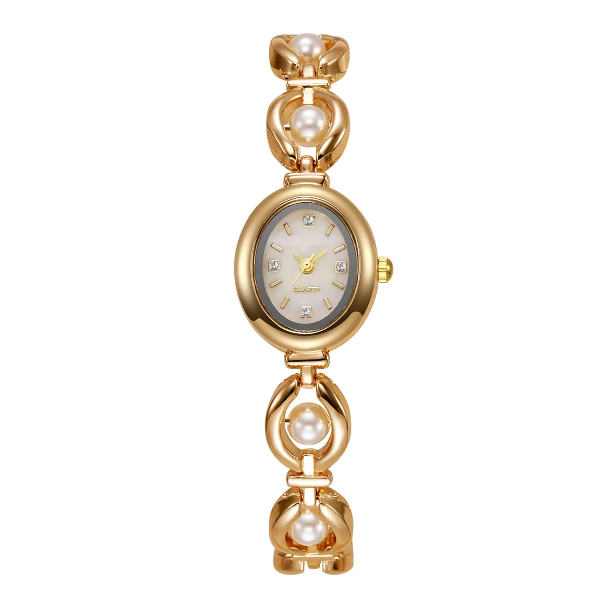 Elegante Perlmutt-Quarz-Armbanduhr in Goldton mit rundem Zifferblatt und Gehäuse.
