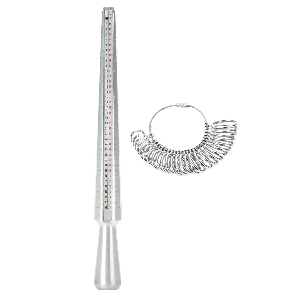 A professional metal ring sizer set with a graduated scale and a coiled ring mandrel.